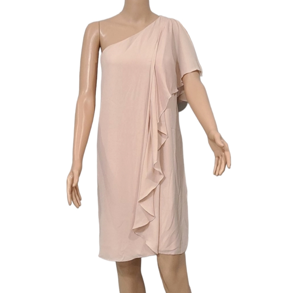 ASOS Women's size 14 Peach Cream Cocktail ‎ One-Shoulder  Ruffle Shift Dress